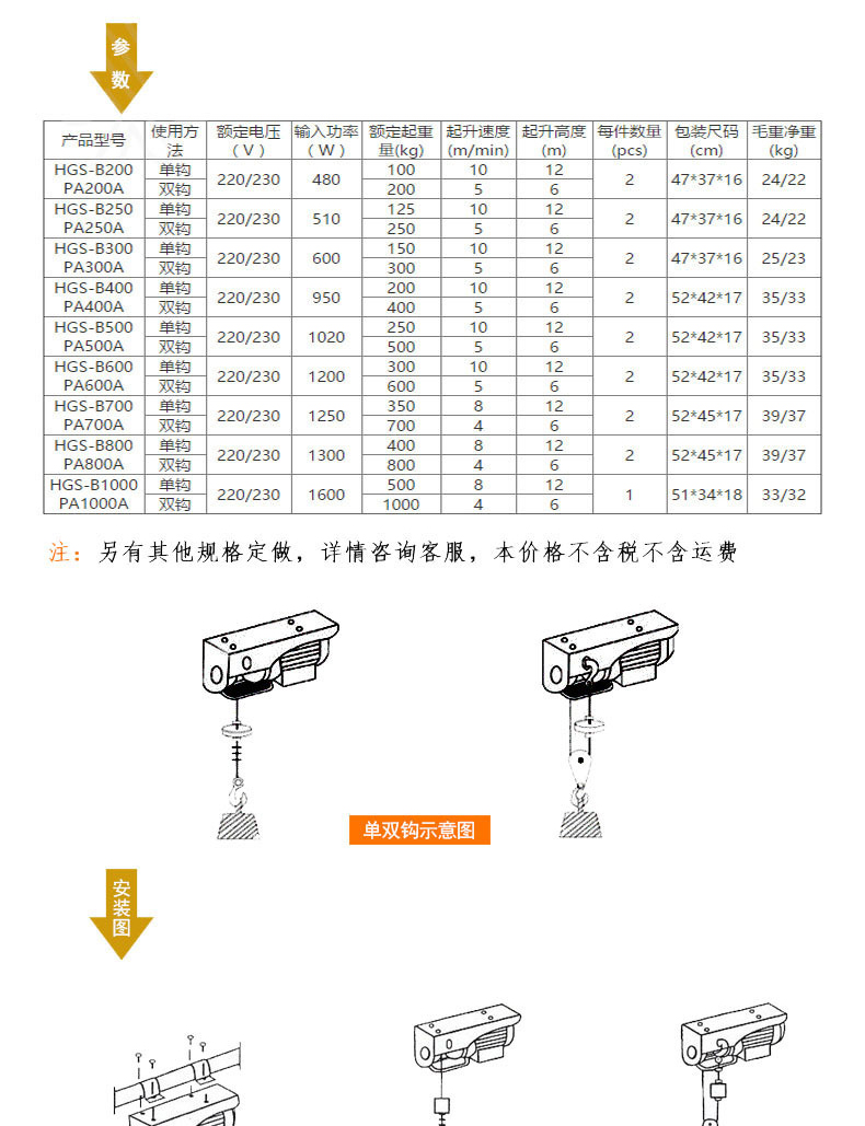 pa800微型電動葫蘆結(jié)構(gòu)參數(shù) PA系列微型電動葫蘆室內(nèi)小吊機專用